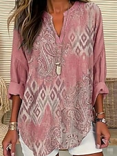 economico Arte &amp; Design Bluse-Per donna Camicia Tunica Stampato Grafico Geometrico Bohemien Vintage Quotidiano Manica Lunga Scollo a V Top Regolari Quotidiano Ferie Rosa Estate Primavera