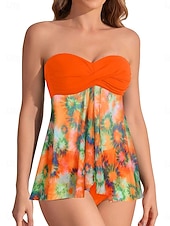 economico Tankini-Costume da bagno a due pezzi da donna tankini con ferretto culotte sgambate controllo pancia vita alta slim schiena scoperta vacanza mare senza spalline floreali senza maniche