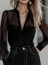 Недорогие Нарядные блузки-Жен. Рубашка Elegant Атласный верх Блуза Пэчворк Сетка Полотняное плетение Стиль Длинный рукав V-образный вырез Обычные топы Повседневные Праздники На выход Черный Лето Весна