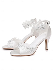 economico sposa-scarpe da sposa con tacco aperto e cinturino alla caviglia, eleganti sandali da sposa con tacco medio per la sposa, romantiche scarpe da cerimonia in pizzo floreale