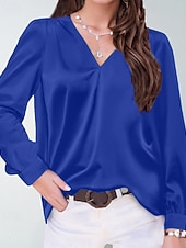 cheap Dressy Blouses-Women's Shirt Elegant Satin Top Blouse Ruched Plain Vintage Stylish Long Sleeve V Neck Regular Tops Holiday Going out Black White Wine Apricot Summer Spring