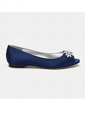 cheap Mother of Bride/Groom-Women's Navy Blue Peep-Toe Flats with Rhinestone Embellishments – Elegant Satin Shoes for Weddings, Parties, and Formal Events