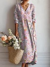 abordables Vestidos Boho-Easter Women's Maxi Dress Linen Like Breathable Lightweight Sundress A Line Dress Vacation Casual Boho Holiday Regular Fit Floral Color Block Long Sleeve V Neck Navy Black Pink Orange Summer Spring