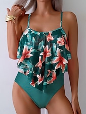 Χαμηλού Κόστους Τανκίνι-Γυναικείο Tankini 2 τεμαχίων Μαγιό Λεοπάρ Briefs Έλεγχος Κοιλιάς Ψηλή Μέση Αδύνατο Ανοιχτή Πλάτη Διακοπές Παραλία Floral Scoop Neck Άνευ Μανικιών Μαγιό