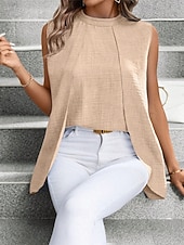cheap Dressy Blouses-Women's Summer Tops Blouse Dressy Tops Ruched Patchwork Buttons Solid Color Plain Elegant Vintage Daily Sleeveless Crew Neck Regular Tops Daily Work Holiday Blue Black Wine Royal Blue Khaki Summer