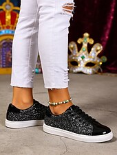 お買い得  女性の靴-ウィメンズ・マルディグラ・ゴールドグリッターのスパークリースニーカー、メタリックトーキャップ付き – カーニバル、ニューイヤーズイブ  カジュアルグラム用のブリングレースアップフラットシューズ
