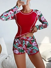 お買い得  タンキニ-ウィメンズ タンキニ 2ピース 水着 パーム ラッシュ ガード ショート タミー コントロール ハイウエスト スリム バックレス バケーション ビーチ ウェア フローラル ラウンド ネック ロングスリーブ 水着