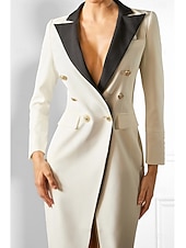 cheap Tuxedo Dresses-Women's Tuxedo Dress Sheath Business Office Formal Satin Elegant Long Sleeve Midi Peak Lapel Double Breasted