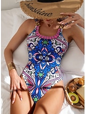 preiswerte Einteilige Badeanzüge-Damen Einteiler Badeanzug Slimming Boho Monokini Bauchkontrolle Hohe Taille Slim Rückenfrei Urlaub Strandmode Blumen U-Ausschnitt ärmellos Schwimmsuits