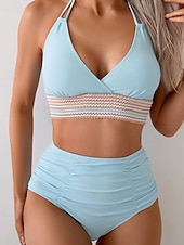 preiswerte Bikini-Sets-Damen Badeanzug Zweiteilig Freche Unterhose Bademode Gerafft Rückenfrei Urlaub Strandbekleidung Einfach Neckholder Ärmellos Badeanzüge