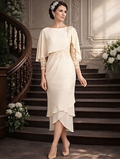 voordelige Enkel Lengte-Strak kolom Over de knie Feestjurk Cocktail jurk Bruiloft gast jurk Moeder van de bruid jurk 3/4 mouw Ronde hals Elegant Petite Bruiloft gast Cocktailparty Bruiloft Chiffon met Kant Lagen Appliqués