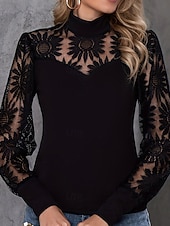 tanie Koronkowe topy-Damskie Bluzka Bluzki koronkowe Koronka Niejednolita całość Równina Zabytkowe Elegancki Długi rękaw Wysoki Zwykłe topy Codzienny Święto Wyjściowe Czarny Lato Jesień