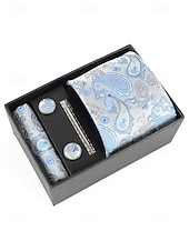 preiswerte Hochzeit ACC-Geschenkset für Herren aus Polyester mit Paisley-Muster: Krawatte, Manschettenknöpfe, Einstecktuch und Krawattenklammer – perfekt für Hochzeiten und als Geschenk.