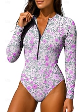 cheap One Pieces Rash Guards-Women's Rash guard Swimsuit Floral Zip Up UPF50+ Quick Dry Lightweight Long Sleeve Bodysuit Swim Shirt Surfing Beach Water Sports Summer