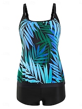 abordables Tankinis-Bañador de tankini de 2 piezas para mujeres leopardo pantalones cortos control de abdomen alta cintura delgado espalda descubierta para vacaciones playa hojas cuello redondo sin mangas