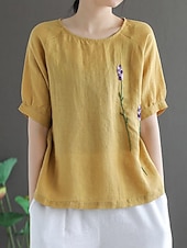 economico Camicie-Per donna Blusa Finto cotone e lino Ricamato Tinta unica Elegante Casual Mezza Manica Girocollo Top Regolari Quotidiano Bianco Giallo Viola Estate Primavera