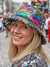 billiga Tillbehör-Kvinnors flerfärgad vändbar paljetthatt för Mardi Gras - glänsande diskokostymtillbehör för karneval rave och maskerad