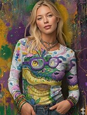 abordables Vêtements de Mardi Gras pour femmes-Carnaval Femmes T-shirt Imprimé Graphique ancien Mode Élégant manche longue Col ras du cou Col rond Hauts Réguliers Quotidien Tenue de soirée Week-end Arc-en-ciel Printemps Automne Hiver