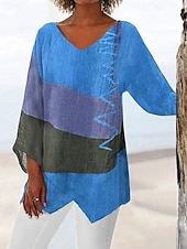 Недорогие Искусство и Дизайн футболка-Жен. Футболка Пэчворк С принтом Контрастных цветов Винтаж Мода На каждый день Длинный рукав V-образный вырез Обычные топы Повседневные На выход выходные Синий Желтый Красный Лето Весна Осень