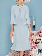 economico Set di abiti per la mamma-Due Pezzi Tubino Colonna Lunghezza al ginocchio Abito da invitata a nozze Abito da cerimonia per signora Manica 3/4 Collo gioiello Elegante Ospite di nozze Chiesa Chiffon Raso Pizzo Abiti Corti con