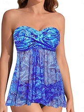 economico Tankini-Costume da bagno a due pezzi da donna tankini con ferretto culotte sgambate controllo pancia vita alta slim schiena scoperta vacanza mare senza spalline floreali senza maniche