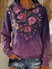 billiga Blommiga Huvtröjor-Dam Pullover Hoodie Sweatshirt Lappverk Mönster Framficka Blommig Grafisk Vintage Ledigt Långärmad Huva Vanliga toppar Ledigt Gata Vardag Purpur Brun Grön Vår Vinter