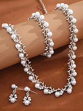 abordables Boda ACC-Conjunto de joyas de aleación de perlas de imitación para mujer: conjunto de 3 piezas de collar, pulsera y aretes, perfecto para bodas y ocasiones especiales.