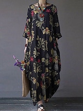 abordables Robes-Femmes Robe maxi Coton mélangé Robe fourreau Robe Décontractée Basique Occasionnel Quotidien Vacances Coupe régulière Fleuri manche longue Col ras du cou Magenta bleu marine Orange Été