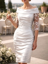 abordables Longitud del té-Funda Columna Hasta la Rodilla Vestido de Fiesta Vestido Cóctel Vestido Invitada Boda Vestido de Madrina Media Manga Hombros Caídos Elegante Invitado a la boda Fiesta de Boda Tafetán con Apliques