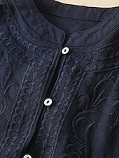 baratos Camisas-Mulheres Blusa Linho de algodão sintético Bordado Botões Côr Sólida à moda Básico Casual Manga Longa Gola Alta Tops regulares Diário Branco Azul Marinha Verão Primavera