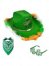  女性用聖パトリックの日のクローバーハット、バンダナ &グラスセット - 緑の羽根、お祝いやパレードのためのお祭りアクセサリー