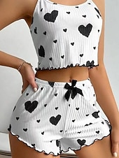 economico Pigiami e Lounge San Valentino-Per donna Set Pigiama Casual Comfort Cuore Elastico in vita Shorts Quotidiano Casa Senza Maniche Girocollo Blu Nero Rosa Rosso Estate Primavera Vestibilità regolare