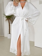 abordables Combinaisons pour femmes-Femmes Robe Occasionnel Doux Satin Couleur Unie Dentelle Quotidien Maison Lit manche longue Col en V Noir Blanche Été Coupe régulière