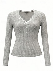 economico T-shirt semplice-Per donna Blusa Pizzo Patchwork Bottoni Tinta unica Elegante Moda Sexy Manica Lunga Scollo a V Top Regolari Quotidiano Uscire Weekend Nero Grigio chiaro Autunno