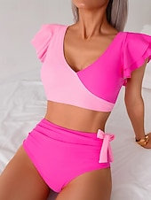 Χαμηλού Κόστους Σετ μπικίνι-Γυναικεία Μαγιό 2 κομμάτι Προκλητικό Μαγιό Σουρωτά Κουρελού Εξώπλατο Διακοπές Ρούχα παραλίας Συνδυασμός Χρωμάτων Λαιμόκοψη V Αμάνικο Μαγιό