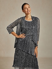 preiswerte Schicke Blusen-Damen Schultertücher Plissiert Metallisch Einfarbig Elegant Dreiviertelarm Rundhalsausschnitt Hochzeitsgast Semi-Formal Abendkleidung Silber Sommer Frühling Herbst