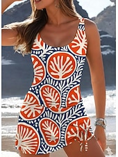 levne Jednodílné plavky-Dámské jednodílné plavky boho sukně elegantní na dovolenou s květinovým grafickým vzorem bez rukávů