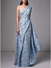 abordables Vestidos de Noche en A-Corte A Hasta el Suelo Vestidos de noche Corte Cenicienta Vestimenta formal Elegante Floral Sin Mangas Un Hombro Boda Formal Bolsillo Jacquard con Estampado flor Volantes