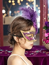 cheap Accessories-Women's Purple Feather Masquerade Mardi Gras Mask - Glitter Venetian Half-Mardi Gras Mask with Gold Trim for Carnival, Costume Balls &amp; Glamorous Party Events