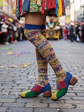 billige Damesko-Flerfargede oxfordsko med blokkhæl til dame – retro pumps med snøring i fargeblokker for karnevalskostymer, klovner og funky hverdagsklær