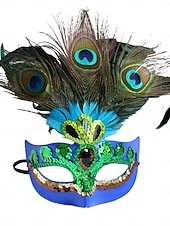 billige Tilbehør-Kvinnes påfugl fjær venetiansk masquerade-maske - grønn paljetter kostyme tilbehør karnevalpartier Mardi Gras cosplay  elegante masquerade-arrangementer