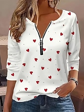 levne Trička na Valentýna-Valentýn Dámské Tričko Zip Tisk Srdce Grafika Čechy Tropický vzhled Havajské Dlouhý rukáv Do V Běžné topy Denní Jdeme ven Víkend Vodní modrá Rubínově červená Léto Jaro Podzim Zima