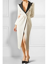 cheap Tuxedo Dresses-Women's Tuxedo Dress Sheath Business Office Formal Satin Elegant Long Sleeve Midi Peak Lapel Double Breasted