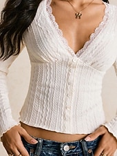 お買い得  レーストップ-女性用 ブラウス ドレッシーなトップス フリル レース パッチワーク 平織り エレガント ヴィンテージ 日常 長袖 Ｖネック レギュラートップス 日常 ワーク 祝日 アプリコット 春 秋