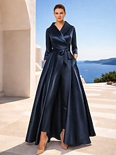cheap Mom's Jumpsuits-Jumpsuit Pantsuit Ankle Length Mother of the Bride Dress 3/4 Length Sleeve Shirt Collar Elegant Party Simple Formal Wedding Guest Satin with Bow(s)
