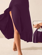 baratos Saias Ativas-Mulheres Elegante Estilo bonito Médio Cintura Alta Saias Tecido Franzido Hem irregular Sem Elasticidade Diário Praia Preto Vermelho Azul Roxo Verão