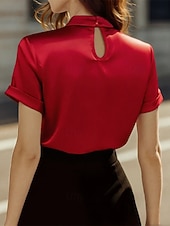 preiswerte Schicke Blusen-Damen Hemd Elegant Satin-Top Bluse Gerafft Patchwork Drapiert Einfarbig Einfach Elegant Vintage Täglich Kurzarm Hoher Ausschnitt Normale Oberteile Täglich Arbeit Ferien Schwarz Rote Grün Beige