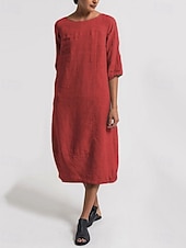 preiswerte Weißes Kleid-Damen Midikleid Sommerkleid Shiftkleid Urlaub Lässig Boho Täglich Strand Ferien Lässiger Schnitt Einfach Dreiviertelarm Rundhalsausschnitt Marineblau Schwarz Rote Hellgrau Sommer Frühling