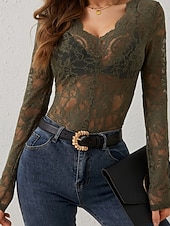 baratos Tops de Renda-Mulheres Blusa Tops de renda Renda Tecido à moda Sensual Manga Longa Decote V Tops regulares Diário Feriado Para Noite Preto Branco Vinho Azul Marinha Verde Esmeralda Outono Inverno