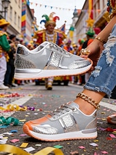 levne Dámská obuv-Zlaté metalické glitrové tenisky pro ženy Mardi Gras lehké karnevalové módní boty pro festivalové oblečení každodenní nošení cestování a oslavy